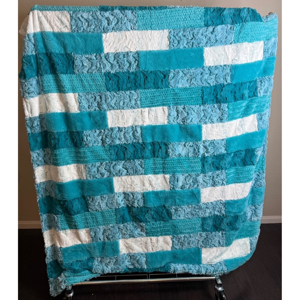 Sew Sweet Minky 80x57 Throw Blanket Blue Teal Patchwork Luxury Plush Made USA